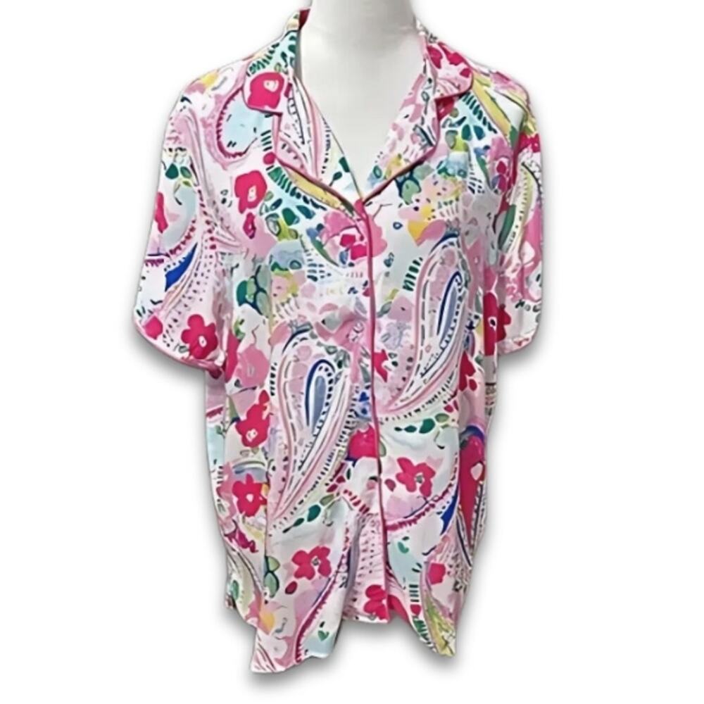 Jaclyn Intimates Pajama Top Paisley Print Collared Viscose Multicolor W L NWOT